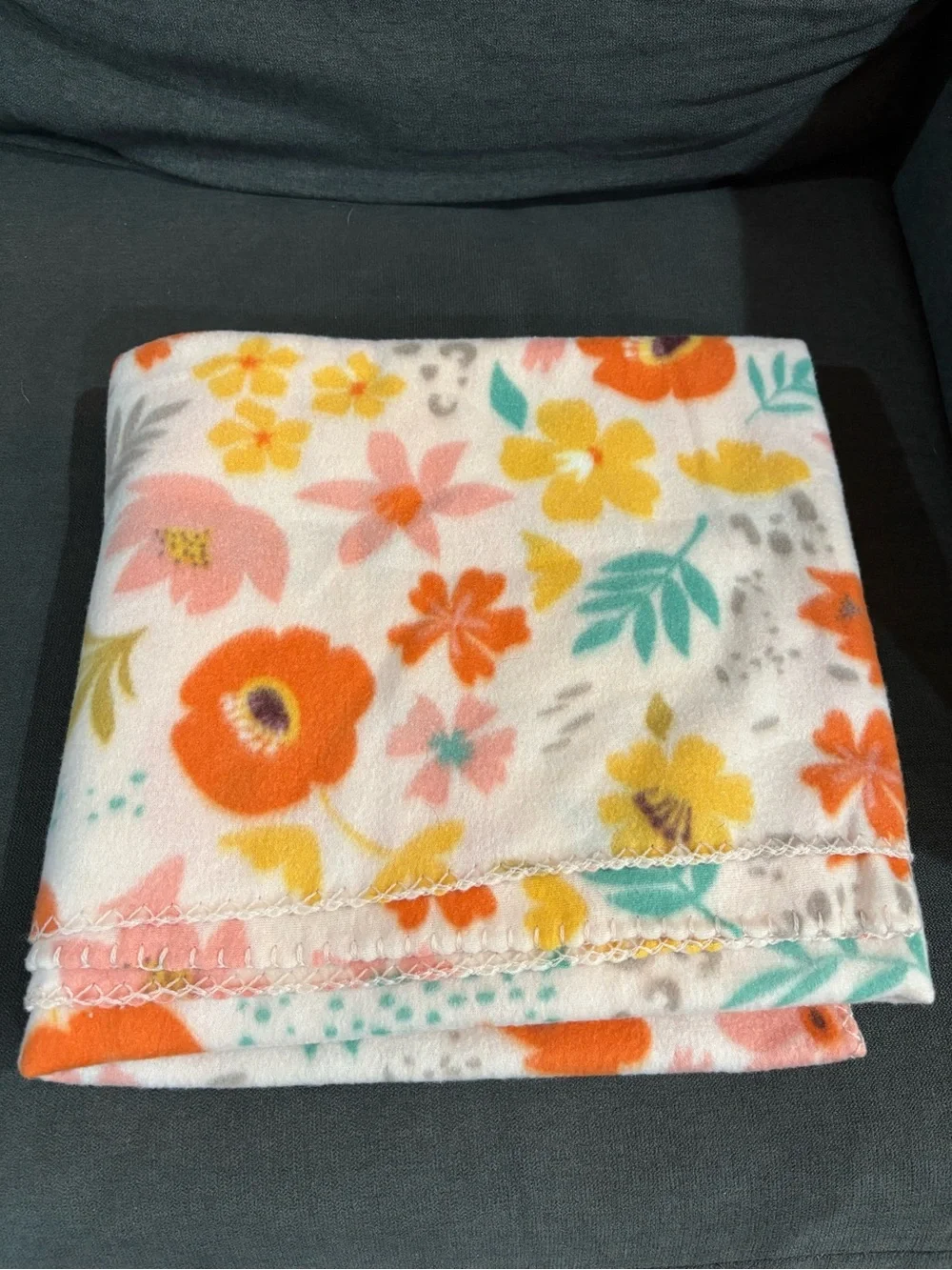 Floral Plush Throw Blanket in Light Pink with Orange, Yellow & Teal Flowers